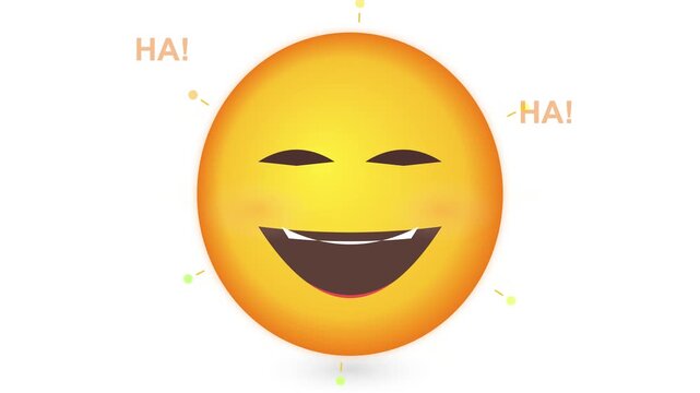 Laughing Emoji Icon with Squinting Eyes and Wide Open Mouth Smile Featuring HA! Text and Small Colorful Particles Isolated on a Clean White Background for Social Media Content
