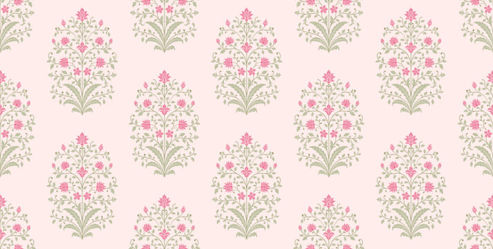 Mughal flower pattern with soft pink blooms for textile and wallpaper design. Seamless botanical Mughal pattern with pink floral motifs for fabric print.

