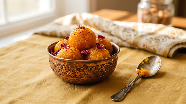 Indian sweet laddu balls garnished with dried rose petals in ornamental bowl traditional ornamental confectionery delicacy homemade celebration
