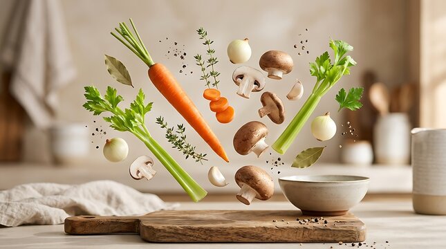 Soup ingredients including carrots, mushrooms, celery, and onions hover above a wooden cutting board in a rustic kitchen setting.