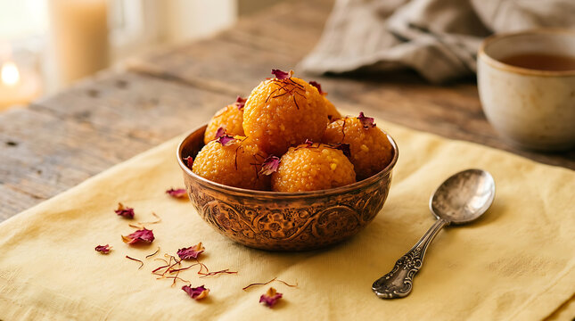 Traditional indian laddu sweets in decorative bowl with saffron threads traditional confectionery delicacy homemade celebration