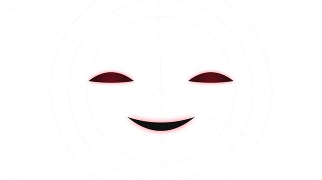 Minimalist digital illustration of a sinister smiling face with glowing red slit eyes and a dark grin on a white background with faint circular geometric lines.
