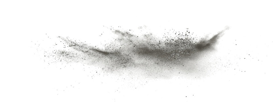 Explosion of gray powder particles mid-air, creating dynamic abstract cloud-like formation against clean white background, conveying energy motion.