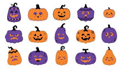 Naklejka premium Cute Halloween Pumpkin Character Set with Funny Jack O Lantern Faces, Cartoon Orange and Purple Pumpkin Vector Collection