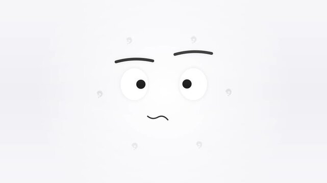 Minimalist 2D animated face with confused expression, arched eyebrows, big eyes looking sideways, and wavy mouth on a white background with subtle floating question marks icons.
