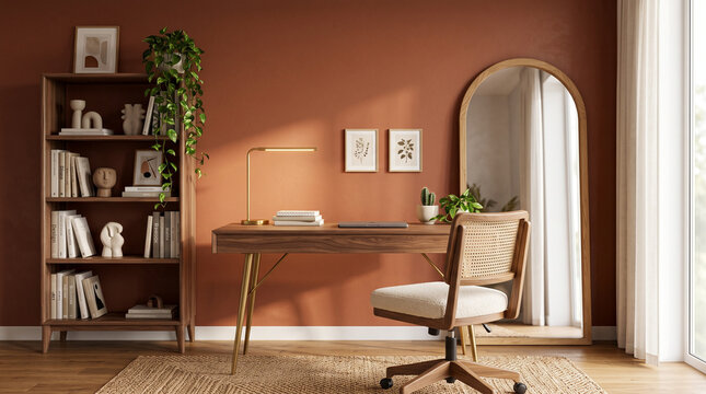 Cozy Home Office Sanctuary: A warm and inviting home office space with a wooden desk, comfortable chair, and bookshelf filled with books and decor, illuminated by natural light.