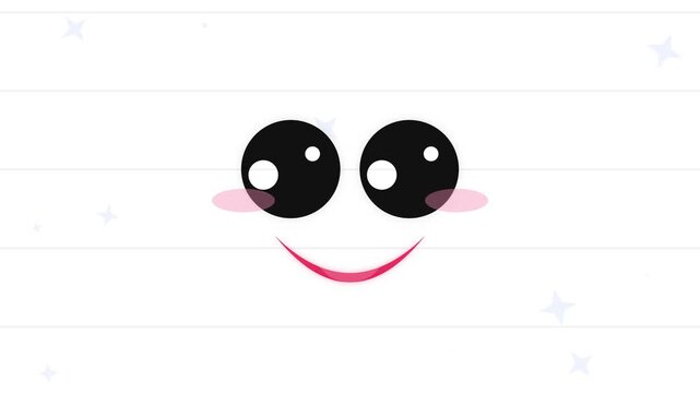 Cute kawaii face with large glossy black eyes, pink blush, and red smile on white horizontal striped background with small faint stars. Minimalist anime style vector character graphic.