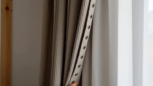 Curtains with metal grommets and wooden frame