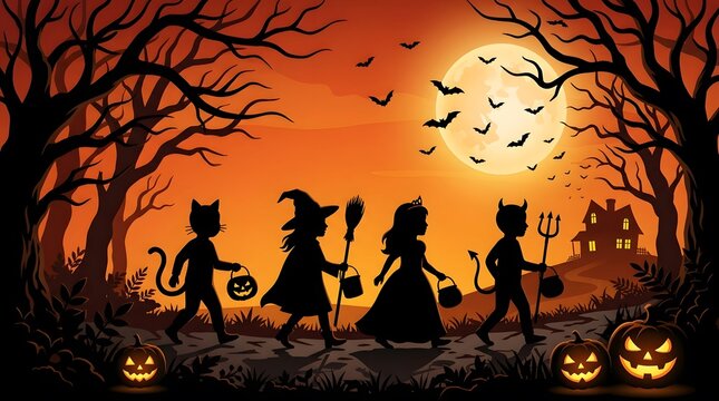 Spooky halloween night silhouette of trick or treaters with jack o' lanterns under a full moon