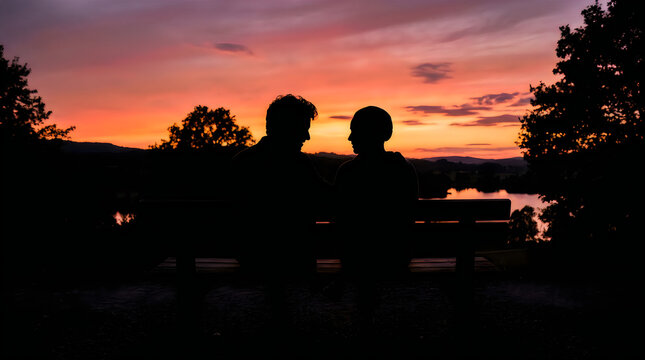 A romantic silhouette of a couple sitting intimately on a park bench, facing each other against a dramatic, vibrant sunset over a tranquil lake and rolling hills, isolated on transparent background.