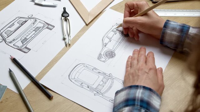 Hands of engineer sketching automotive vehicle prototype with pencil on paper at desk. Industrial designer developing new car blueprint drafts near measuring tools and rulers.