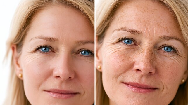 Middle aged blonde woman showing skin texture comparison before and after professional cosmetic beauty treatment