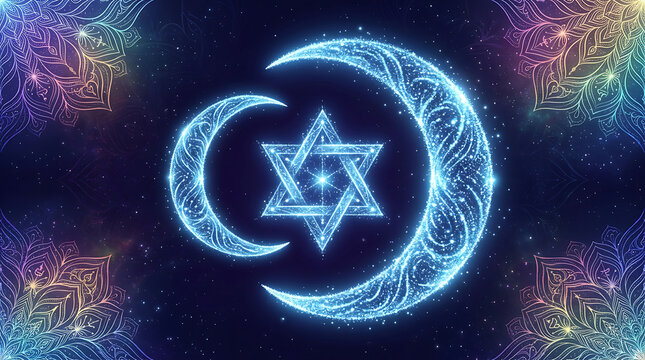 Glowing star of david with crescent moon digital art crescent religion spiritual abstract geometry background conceptual luminous