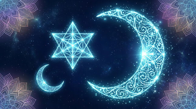 Glowing sacred geometry moon and star symbol with fireworks background crescent geometry esoteric mystical astronomy abstract spiritual heavenly religion universe wallpaper