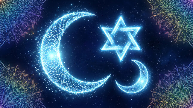 Abstract glowing lunar crescent and six-pointed star symbol with crescent geometry mystical spiritual astronomy abstract particles background heavenly