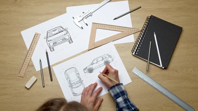 Hands of engineer sketching automotive vehicle prototype with pencil on paper at desk. Industrial designer developing new car blueprint drafts near measuring tools and rulers.