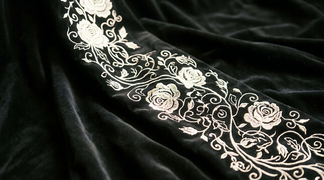 Elegant white floral embroidery on luxurious black velvet fabric background with embroidery background material ornament