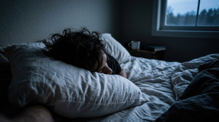 Fototapeta premium Person Sleeping Comfortably On A Cozy Bed With Soft Pillows And Dark Duvet