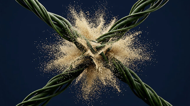 Macro view of exploding bright particles between dark knotted rope strands with particles explosion textured abstract collision background converge strength close-up composition material