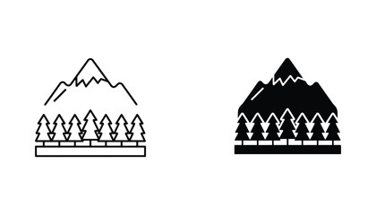 Mountain and forest vector icon isolated on white Black and white outline line art and solid glyph silhouette © VisionGrafix