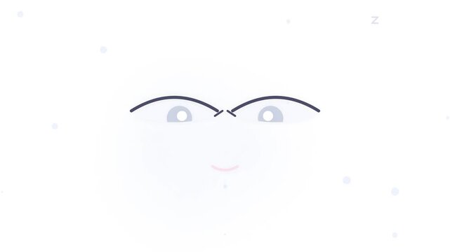 Minimalist 4K animation of a white circular face with soft blue eyes and a pink smile on a bright white background featuring light blue dots and a Z icon representing sleep and rest.