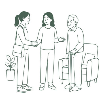 Family caregiver introducing respite caregiver, care handover vector illustration