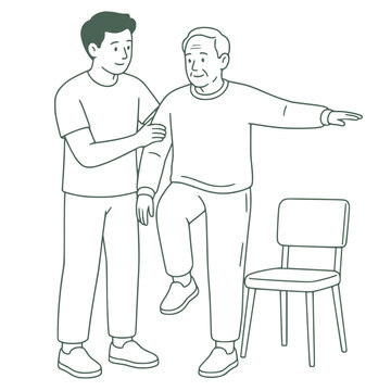 Caregiver assisting elderly parent with balance exercise, senior rehab vector illustration
