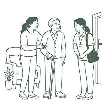 Family caregiver introducing respite caregiver, care handover vector illustration