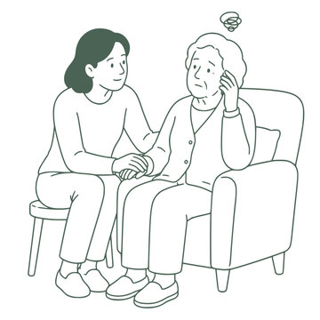 Comforting elderly parent with dementia confusion, caregiver vector illustration