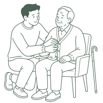 Son helping father get dressed, male caregiver vector illustration, line art
