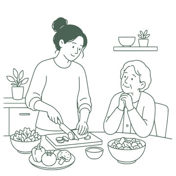 Caregiver preparing healthy meal for elderly parent, nutrition support vector illustration