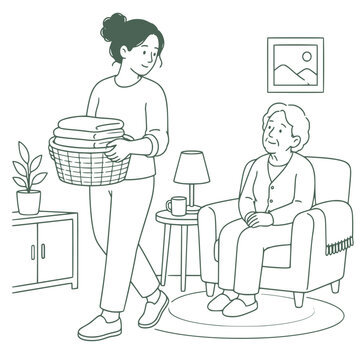 Caregiver doing laundry while checking on elderly parent, home care vector illustration