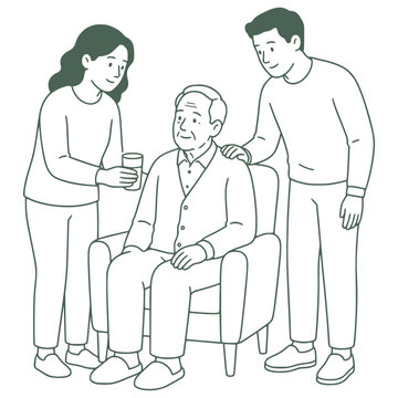 Couple caring for elderly parent together, family teamwork vector illustration