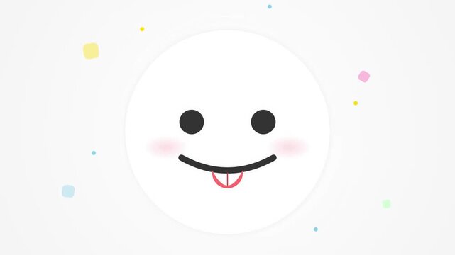 Minimalist white circular emoji face with black eyes, wide smile, pink blushing cheeks, and red tongue sticking out on a white background with colorful pastel confetti shapes.