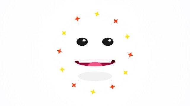Minimalist cartoon smiley face with happy expression, large black eyes, and open mouth, surrounded by a halo of yellow and orange four-pointed stars on a clean white background.