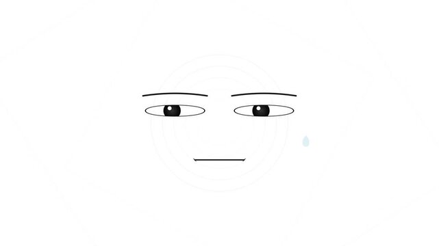 Minimalist 2D animation of a white face with shifting eyes, linear mouth, and a blue sweat drop against a light circular background, expressing awkwardness or nervousness.