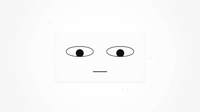 Minimalist 2D graphic animation of a simple rectangular character face featuring oval eyes and flat mouth on a white background with subtle geometric plus and cross symbols.