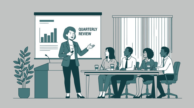 Businesswoman presents quarterly review to colleagues in a conference room with a projector screen and table.