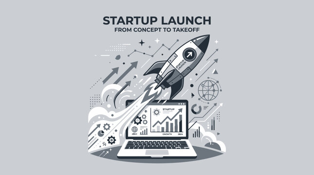 Startup launch from concept to takeoff with rocket on laptop screen in business setting