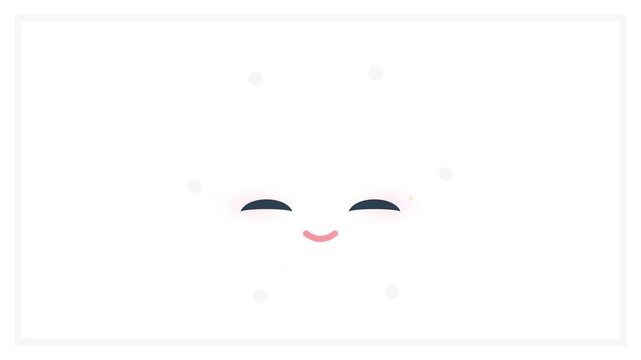 Minimalist white background featuring a cute kawaii smiling face with closed eyes and pink mouth, accented by subtle glowing bokeh particles and sparkles in a clean vector style.