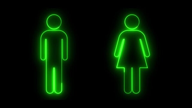 Green Neon Male and Female Restroom Symbol Animation on Black Background. 
