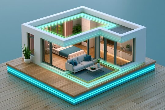 Futuristic home model with holographic air layers visualizing indoor climate control