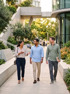 Diverse group of professional colleagues walking and talking together in a modern outdoor office plaza during a sunny day