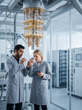 Scientists in lab coats examining hardware components near a quantum computer chandelier in a modern research facility