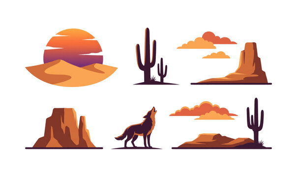 Collection of desert Landscape With Cactus And Wolf.