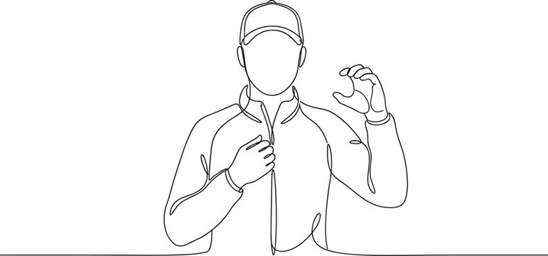 Continuous line drawing of a man zipping up his jacket.