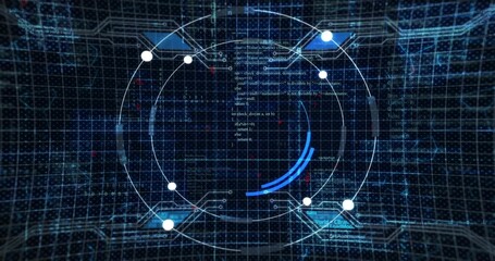 Naklejka premium HUD ring appearing initiating blue arc rotating nodes pulsing code scrolling showing system status