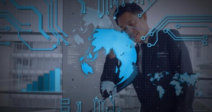 Phone call starting holo globe rotating while midadult Asian exec gesturing and showing global data