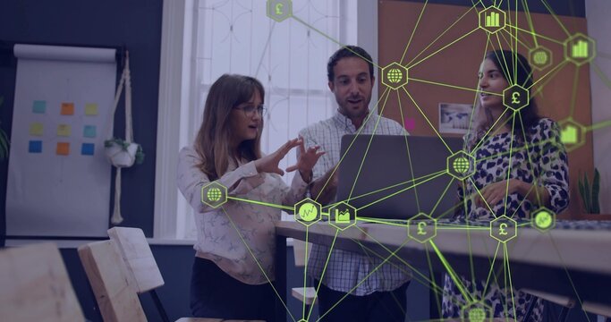 Team gesturing and nodding around laptop after left gesture triggers green overlay, agreeing