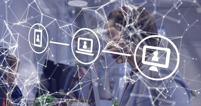 When headset user speaking, animated network nodes and device icons drifting, showing collaboration